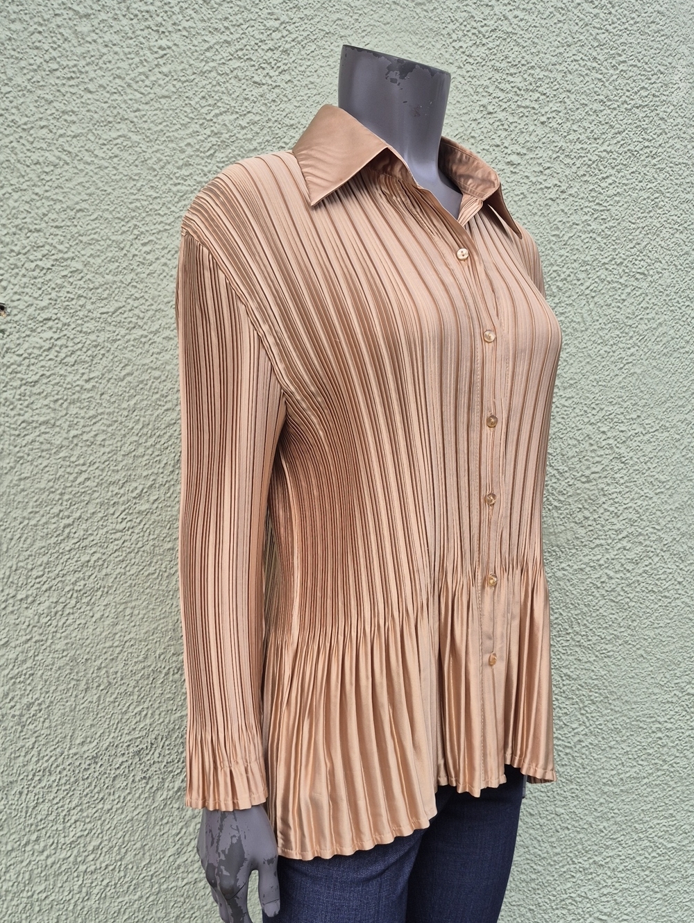 Mini Pleats Magic Scarf Ladies Mini Pleated Button Up Vintage Top - Taupe